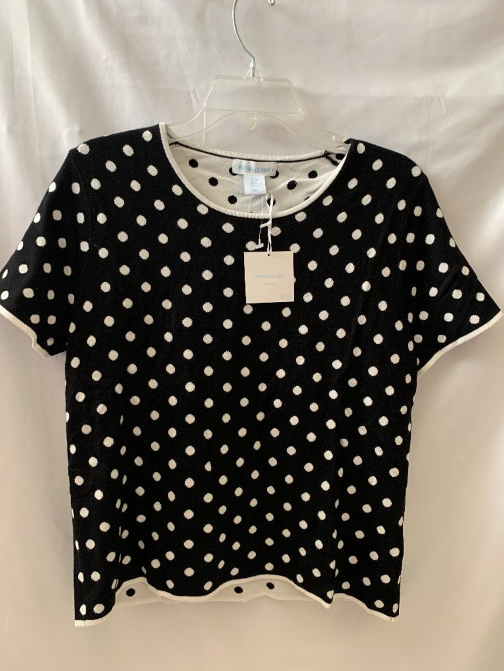 CYNTHIA ROWLEY Polka Dot Knit Short Sleeve Top in Black/White Sz MEDIUM